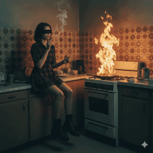 Symbolbild Brandsanierung: Großes Feuer auf einem Küchenherd. Ihr Spezialist für Brand- und Rußschaden Sanierung in Wien.