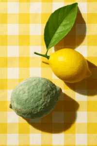 Symbolbild Schimmelsanierung: Verschimmelte Frucht neben frischer Zitrone. Ihr Profi für Schimmelentfernung in Wien.