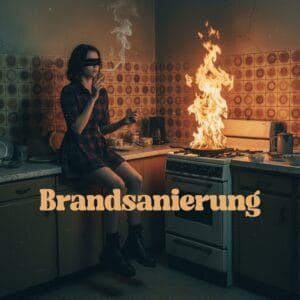 Symbolbild Brandsanierung: Großes Feuer auf einem Küchenherd. Ihr Spezialist für Brand- und Rußschaden Sanierung in Wien.