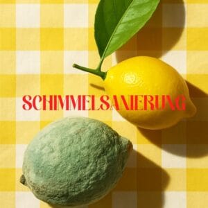 Symbolbild Schimmelsanierung: Verschimmelte Zitrone neben frischer Zitrone. Ihr Profi für Schimmelentfernung in Wien.