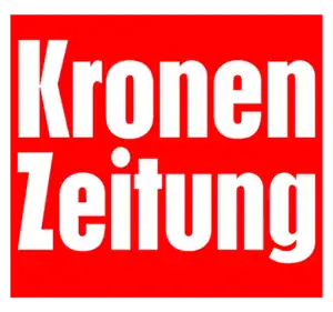 Kronen Zeitung Logo in rotem Hintergrund mit weißer Schrift und schwarzem Rahmen.